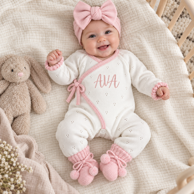 Personalized Baby Girl Organic Cotton Knit Romper – Custom Name Outfit