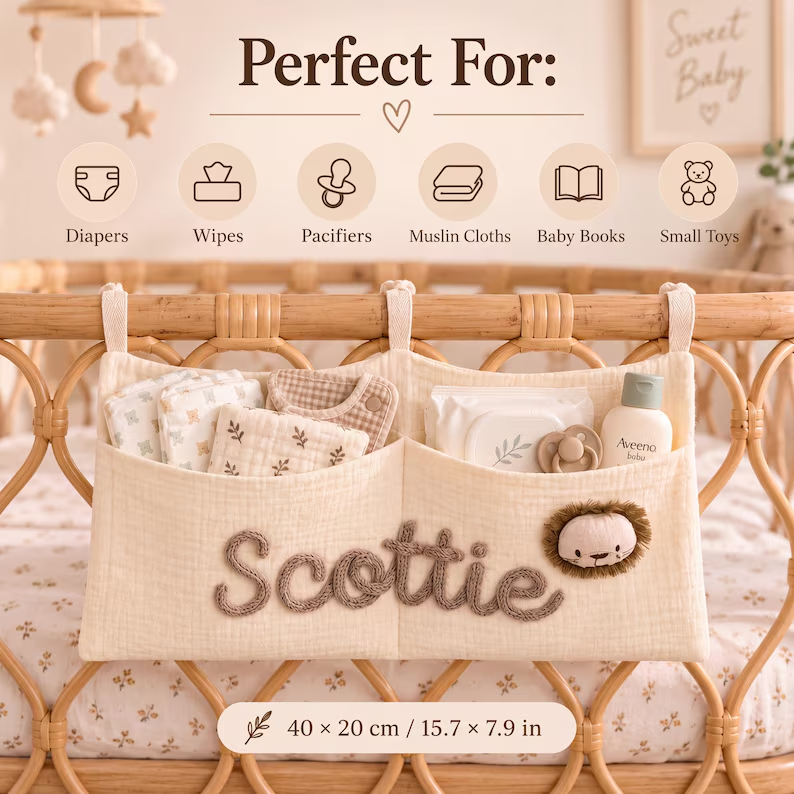 Personalized Baby Hanging Organizer – Custom Name & Cartoon Icon Nursery Storage Caddy for Crib, Chair & Car Seat