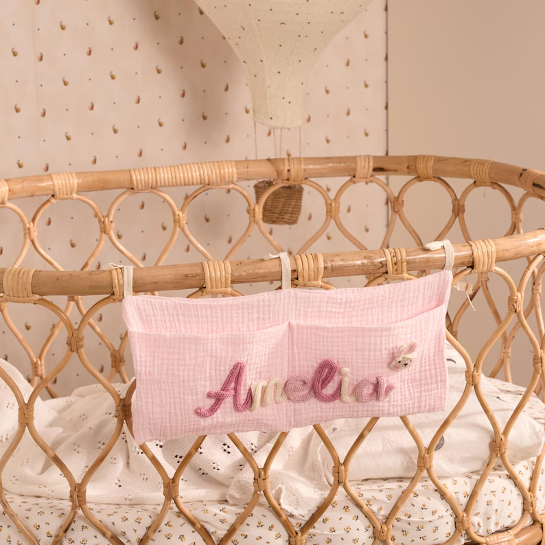 Personalized Baby Hanging Organizer – Custom Name & Cartoon Icon Nursery Storage Caddy for Crib, Chair & Car Seat