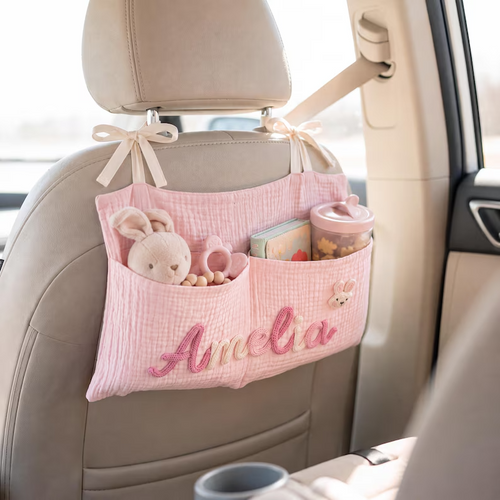 Personalized Baby Hanging Organizer – Custom Name & Cartoon Icon Nursery Storage Caddy for Crib, Chair & Car Seat