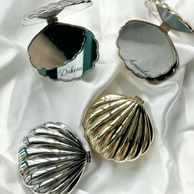 Personalized Seashell Compact Mirror – Custom Name Folding Pocket Mirror for Women