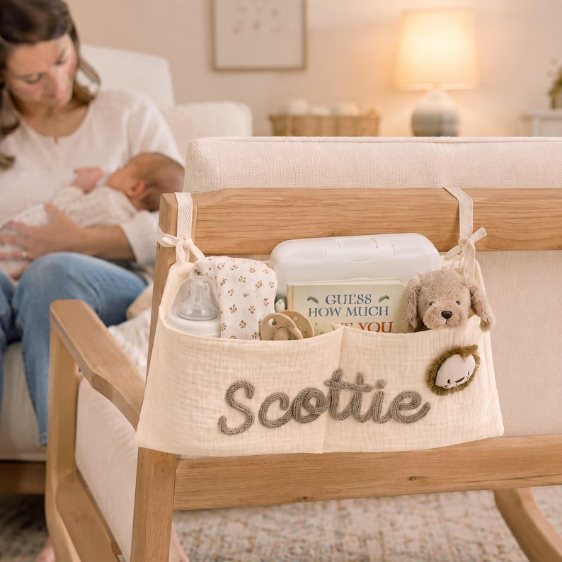 Personalized Baby Hanging Organizer – Custom Name & Cartoon Icon Nursery Storage Caddy for Crib, Chair & Car Seat